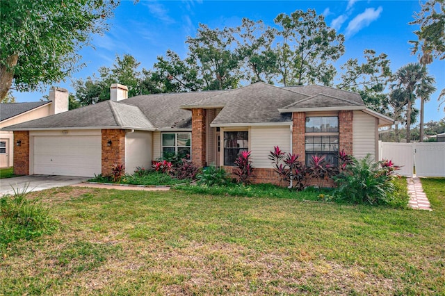 ranch-style house featuring a garage and a front lawn