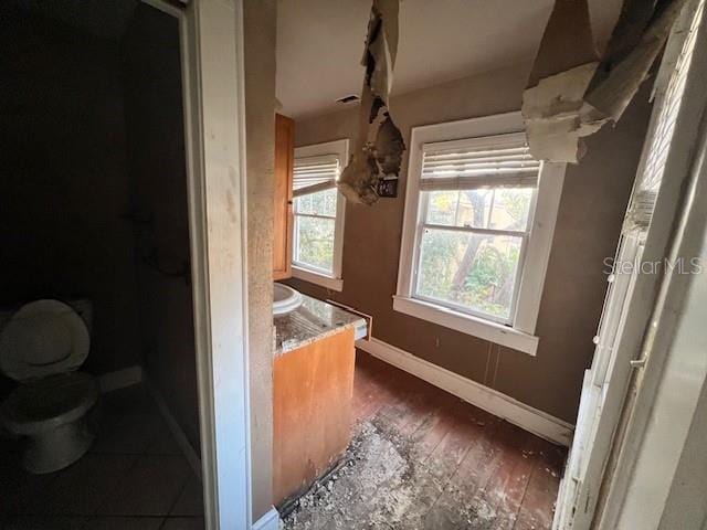 bathroom featuring hardwood / wood-style floors, vanity, and toilet