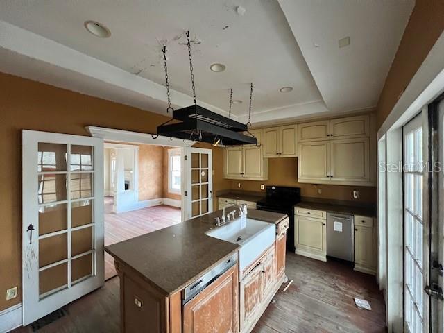 kitchen featuring stainless steel dishwasher, a kitchen island, a raised ceiling, and dark wood-type flooring