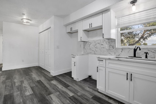 kitchen with tasteful backsplash, white cabinetry, dark wood-type flooring, and sink