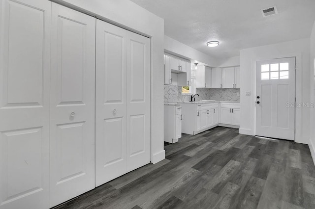 kitchen with white cabinets, decorative backsplash, dark wood-type flooring, and sink