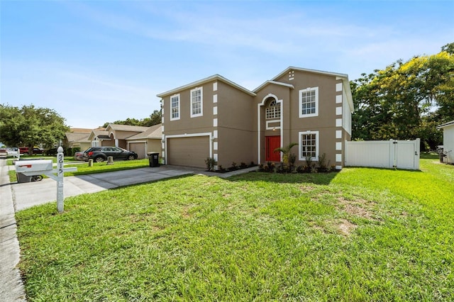 view of front property featuring a garage and a front lawn