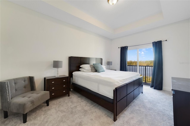 carpeted bedroom featuring access to exterior and a tray ceiling