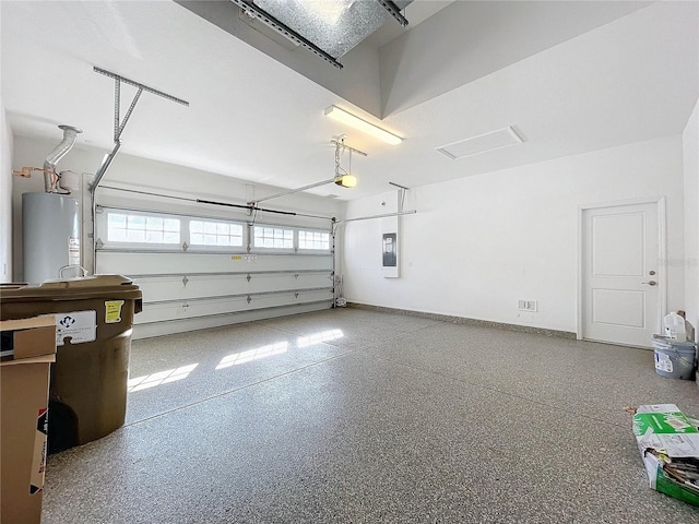 garage featuring electric panel, water heater, and a garage door opener