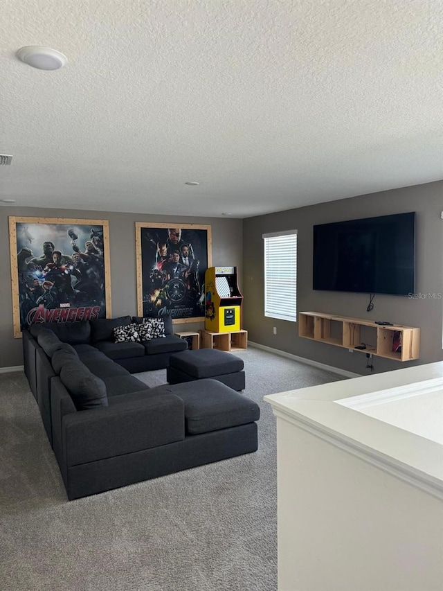 living room featuring carpet and a textured ceiling