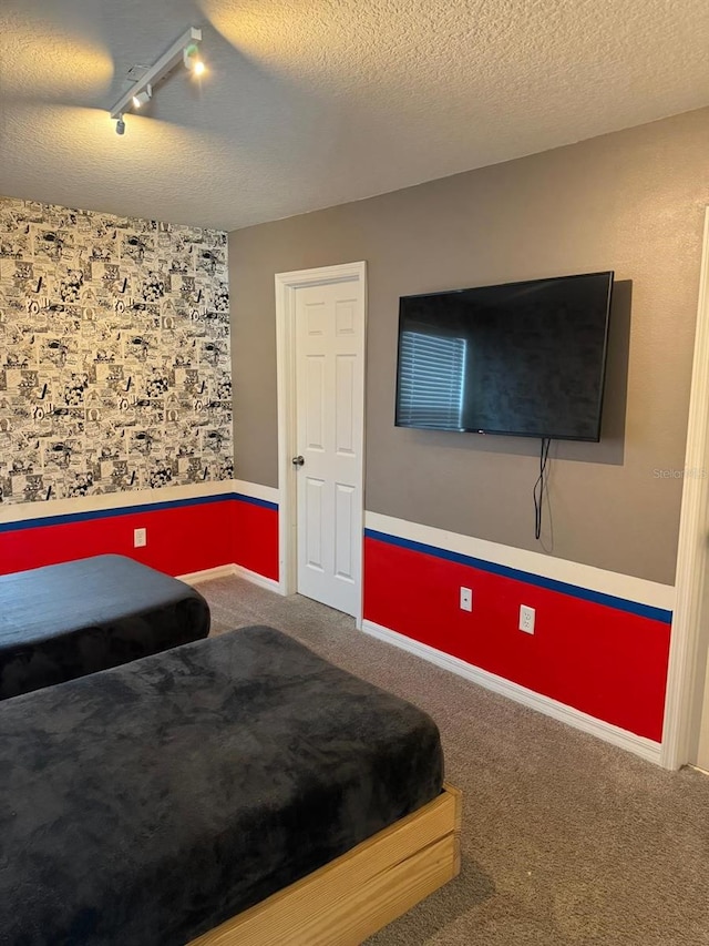 bedroom with carpet flooring, a textured ceiling, and track lighting