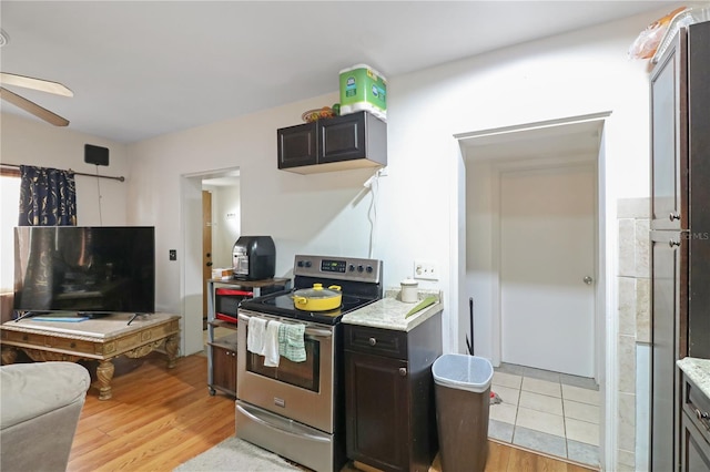 kitchen featuring ceiling fan, dark brown cabinets, light hardwood / wood-style floors, and stainless steel range with electric stovetop