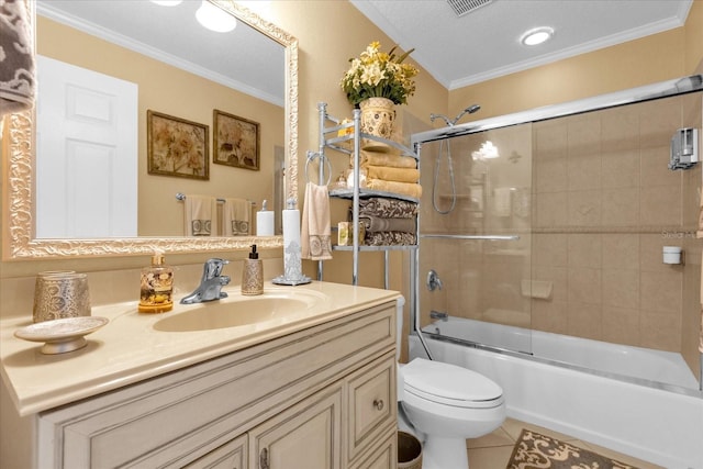 full bathroom with tile patterned flooring, crown molding, a textured ceiling, toilet, and shower / bath combination with glass door