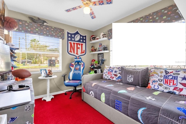 carpeted bedroom featuring ceiling fan