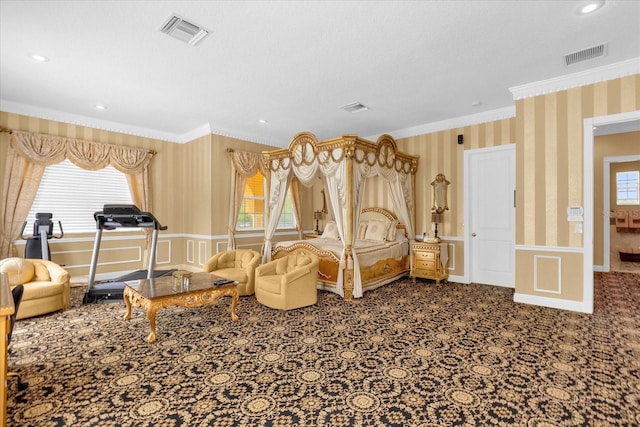 carpeted bedroom featuring multiple windows and ornamental molding