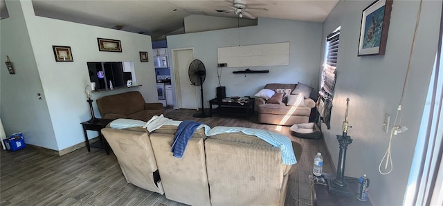 living room with wood-type flooring, ceiling fan, and lofted ceiling