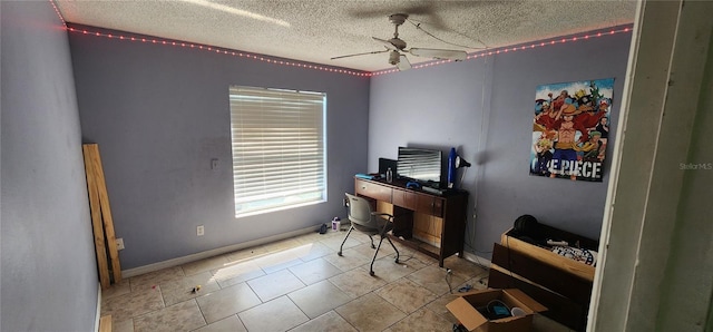 office area featuring ceiling fan and a textured ceiling