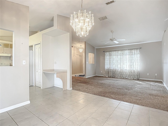 interior space with ceiling fan with notable chandelier and light carpet