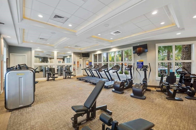 exercise room with carpet and ornamental molding