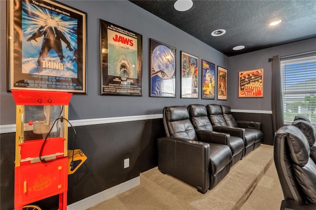 cinema room featuring carpet and a textured ceiling