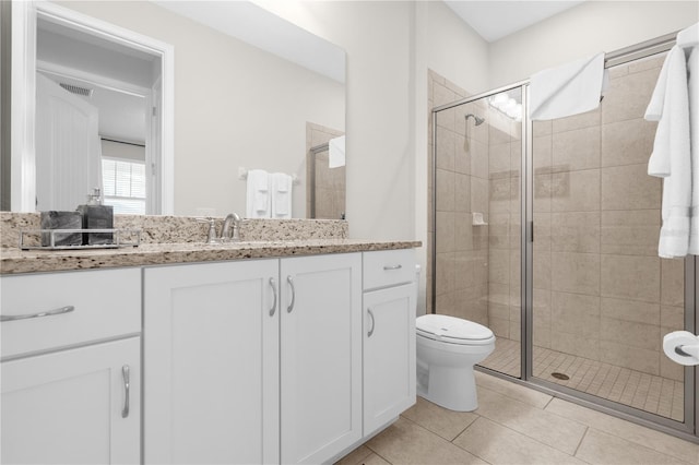 bathroom with tile patterned flooring, vanity, toilet, and a shower with door