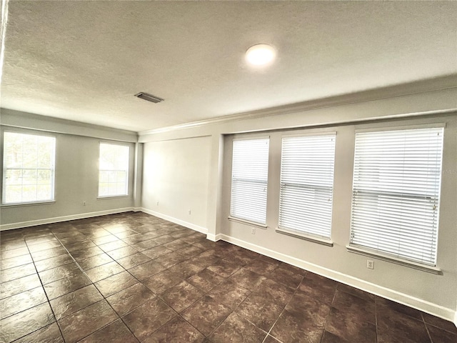 unfurnished room with crown molding and a textured ceiling