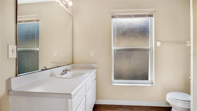 bathroom featuring hardwood / wood-style floors, vanity, and toilet