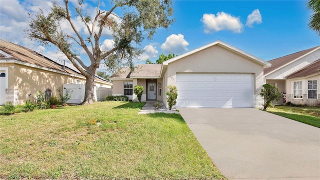 ranch-style house with a front yard and a garage