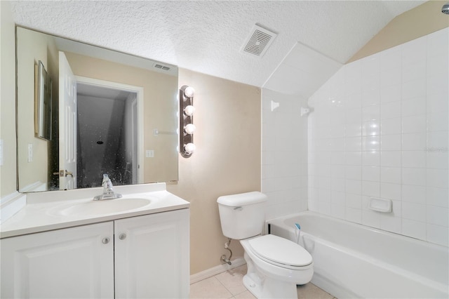 full bathroom featuring tile patterned flooring, a textured ceiling, toilet, vanity, and bathtub / shower combination