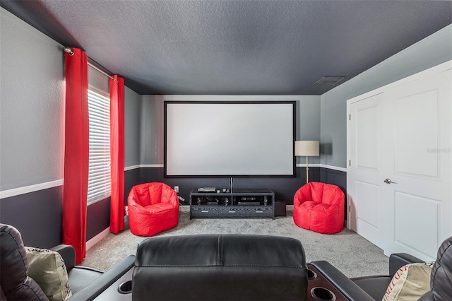 cinema with carpet floors and a textured ceiling