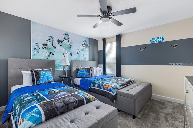 bedroom featuring carpet, ceiling fan, and baseboards