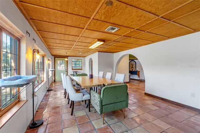 dining area featuring wood ceiling