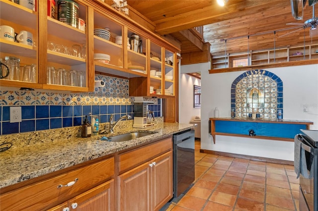 kitchen featuring light stone countertops, sink, wooden ceiling, backsplash, and appliances with stainless steel finishes