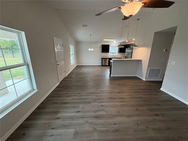 unfurnished living room featuring a wealth of natural light, dark wood-type flooring, and visible vents