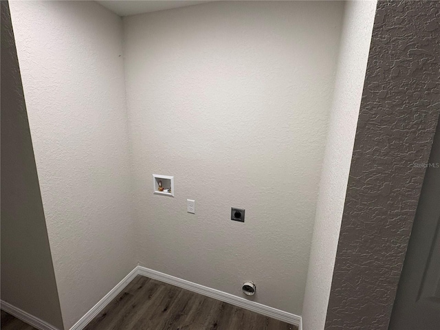 laundry room with hookup for a washing machine, hookup for an electric dryer, laundry area, baseboards, and dark wood-style floors