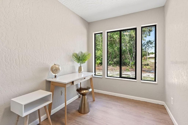 office space featuring hardwood / wood-style flooring, a textured ceiling, and a wealth of natural light