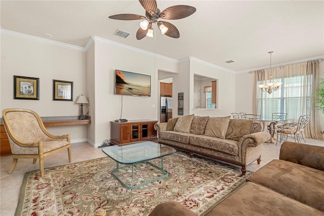 tiled living room with a textured ceiling, ceiling fan with notable chandelier, and crown molding