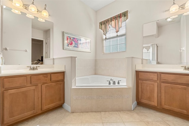 bathroom featuring tile patterned flooring, vanity, and independent shower and bath