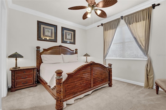 bedroom featuring light colored carpet, ceiling fan, and crown molding