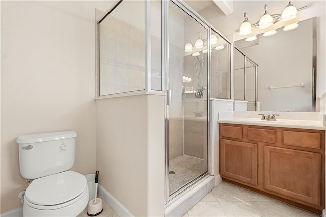 bathroom featuring tile patterned floors, vanity, toilet, and a shower with door