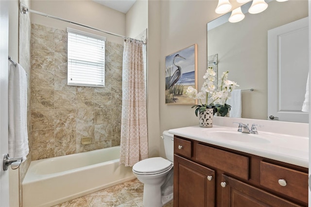 full bathroom featuring shower / bath combo, vanity, and toilet