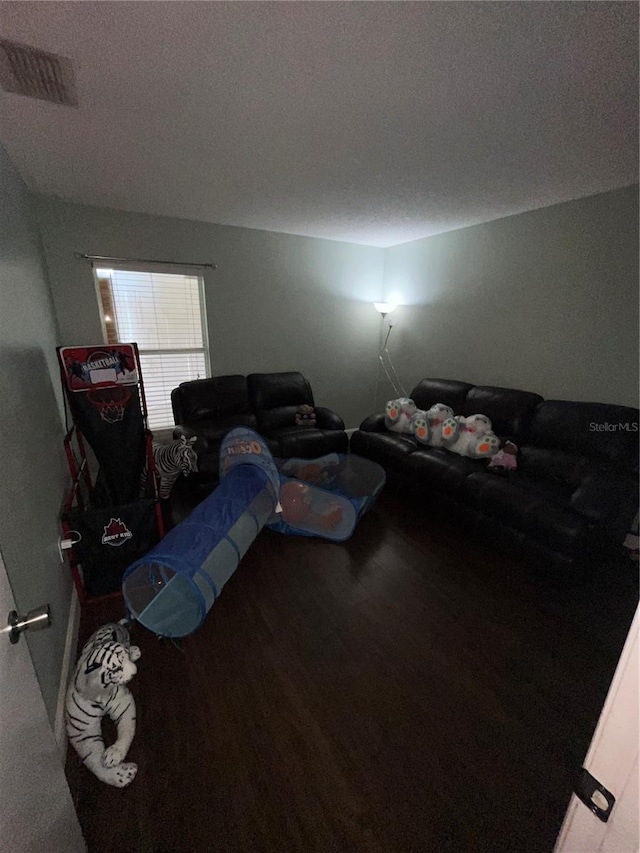 living room with wood-type flooring and a textured ceiling