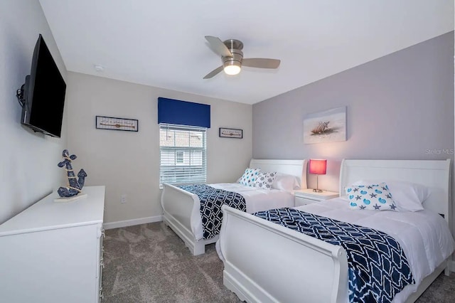 bedroom with ceiling fan and carpet floors