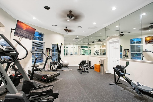 gym with ceiling fan