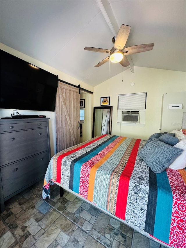 bedroom featuring a barn door, ceiling fan, cooling unit, and vaulted ceiling with beams