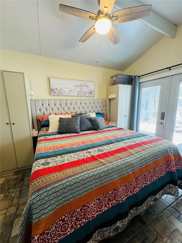 bedroom featuring access to exterior, french doors, vaulted ceiling with beams, and ceiling fan