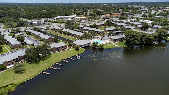 drone / aerial view featuring a water view