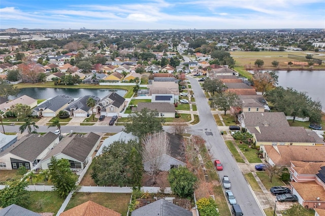 drone / aerial view featuring a water view