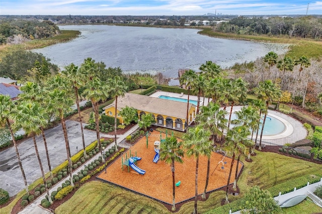 drone / aerial view featuring a water view