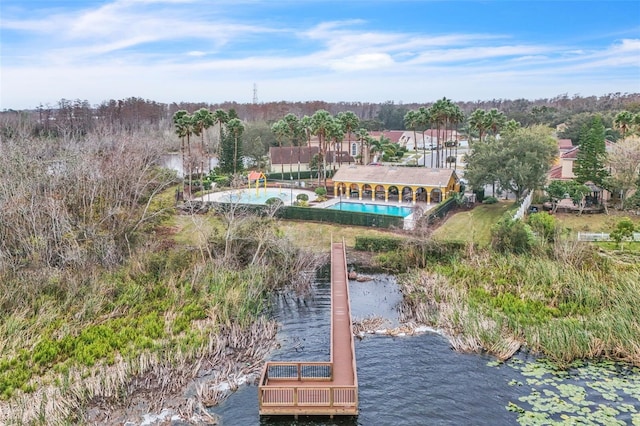 aerial view featuring a water view