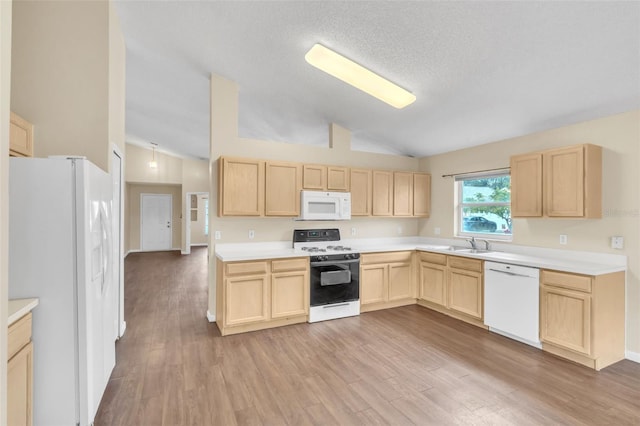 kitchen featuring sink, white appliances, light hardwood / wood-style floors, light brown cabinets, and a textured ceiling