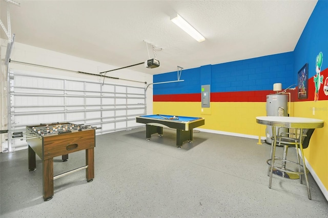 recreation room with electric panel, water heater, a textured ceiling, and pool table