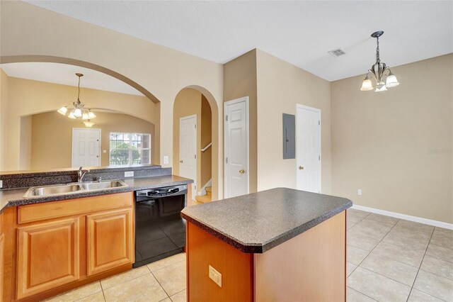 kitchen with a chandelier, black dishwasher, hanging light fixtures, and sink