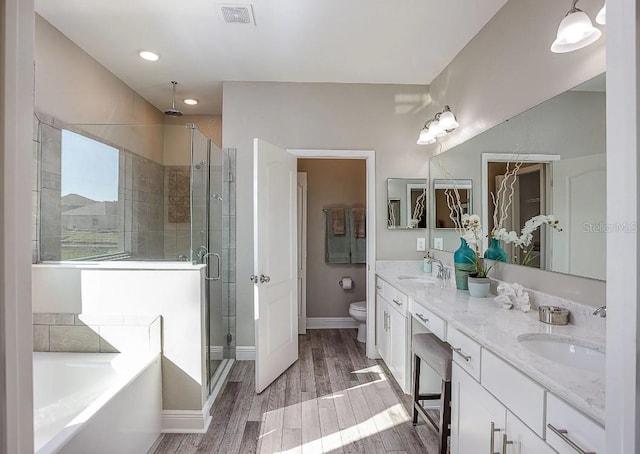 full bathroom featuring wood-type flooring, vanity, toilet, and independent shower and bath