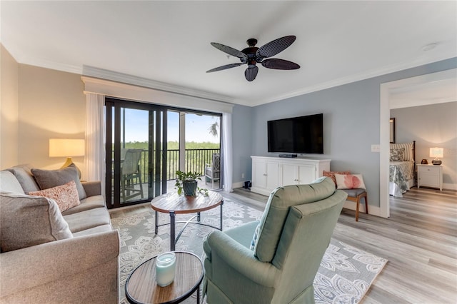 living room with ceiling fan, crown molding, and light hardwood / wood-style flooring